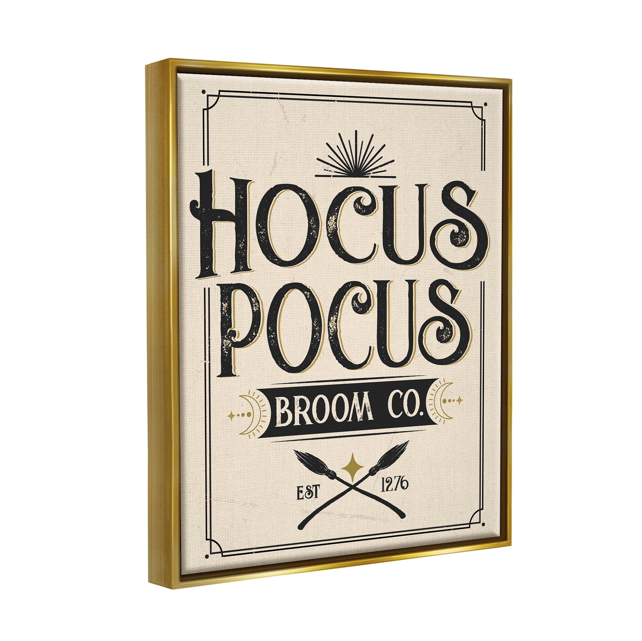 Stupell Industries Vintage Hocus Pocus Broom Sign Graphic Art Metallic Gold Floating Framed Canvas Print Wall Art, Design by Angela Nickeas