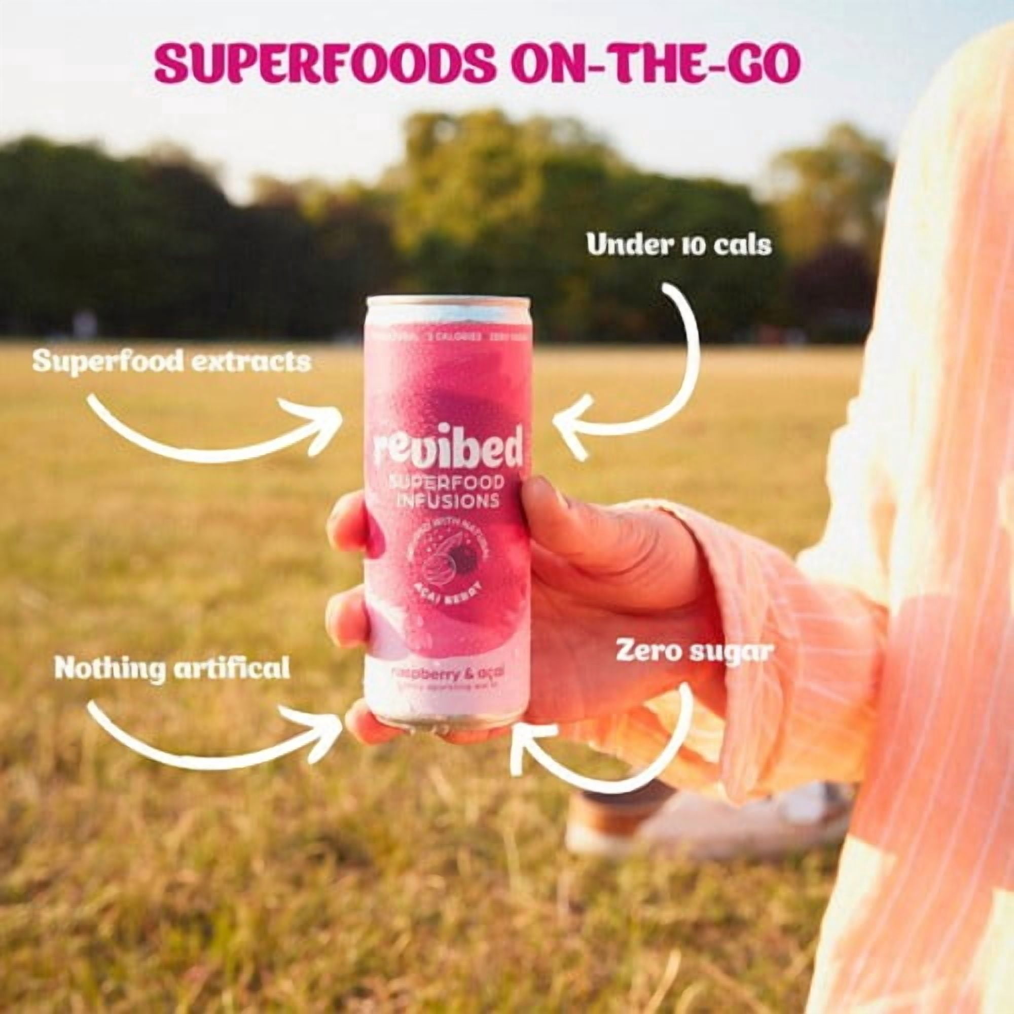 Revibed Calming Raspberry and Acai Berry Infused Lightly Sparkling Water 250ml, British Import (Pack of 6)