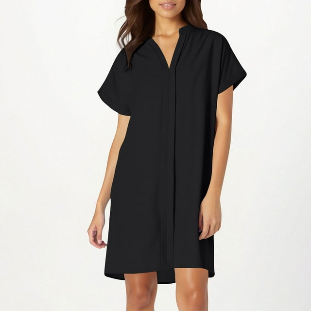 Women's Solid Color Short Sleeve V-Neck Loose Print Dress for Spring Summer Casual Wear