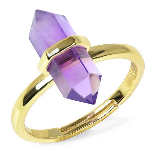 Natural Amethyst Crystal Ring Adjustable Gold Plated Band, Double Point Gemstone Ring for Women, Minimalist Geometric Statement Jewelry Gift for Wife Mom Birthday Valentine’s Day Christmas
