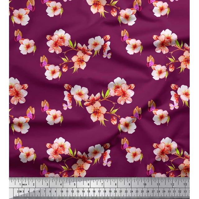 Soimoi Crepe Silk Fabric Blossom Floral Printed Fabric 1 Yard 42 Inch Wide
