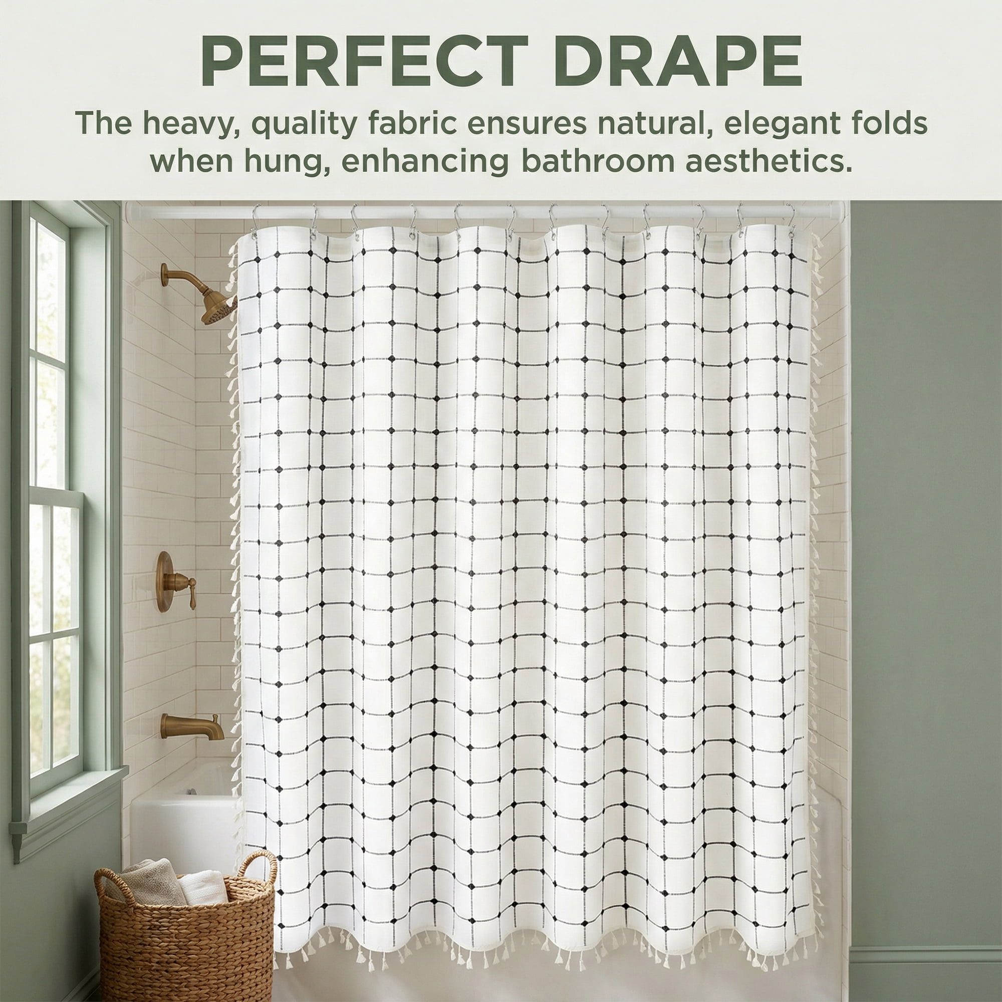 Unique Bargains Boho Plaid Blend Shower Curtain Sets with Hooks White Black 72"W x 72"L