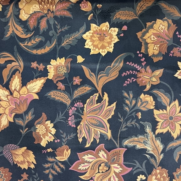 Decora Furnishings Vintage Floral Design Digitally Printed Velvet Finish Fabric for Upholstery, Window Treatments, Craft - Width 54 inches - Fabric by The Yard (Dark Blue)