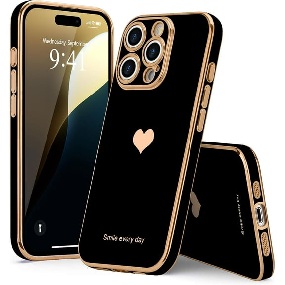 Entronix Love Heart Luxury Case for iPhone 16 Pro Max, Cute Slim Shockproof Bling Cover, Black