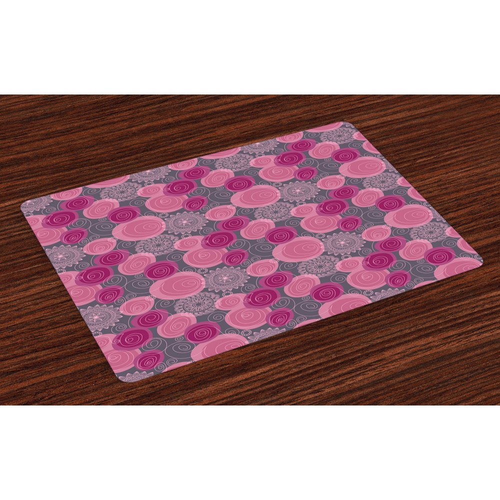 Pink and Grey Placemats Set of 4 Doodle Style Lace Swirled Circle Flower Pattern Ornamental