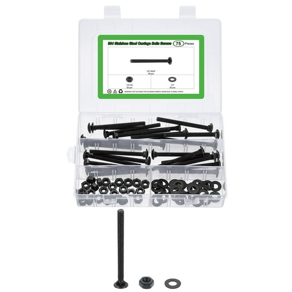 25 Set Carriage Bolts and Nuts Kit, 1/4"-20x3" Stainless Steel 304 Round Head Square Neck Carriage Bolts Screws and Hex Nuts and Flat Washers - Black