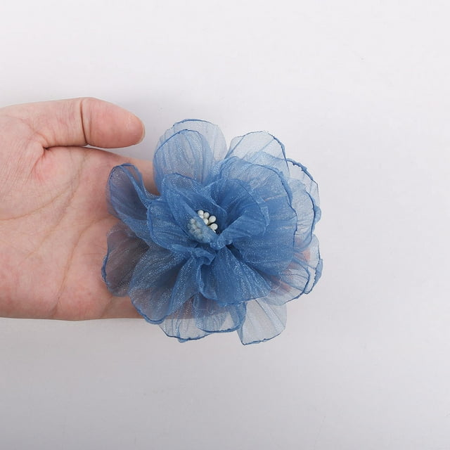 Xiao Hua 10 flores de organza de 8,9 cm (3,54"), de hilo transparente con centro para manualidades, apliques, sombreros de tela, decoración de bodas y fiestas, color azul.