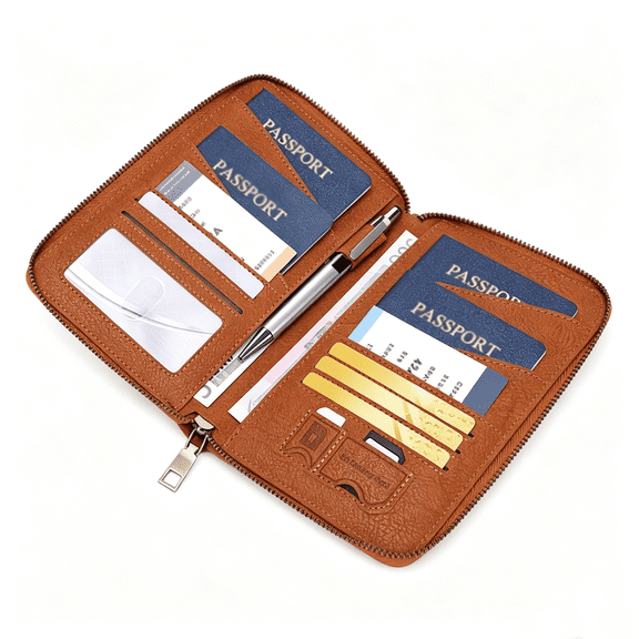 Family Passport Holder for 4, RFID Blocking PU Leather Travel Document Organizer, with Wrist Strap, Card Slots, Pen Holder, SD Card Pockets for Men Women, Brown