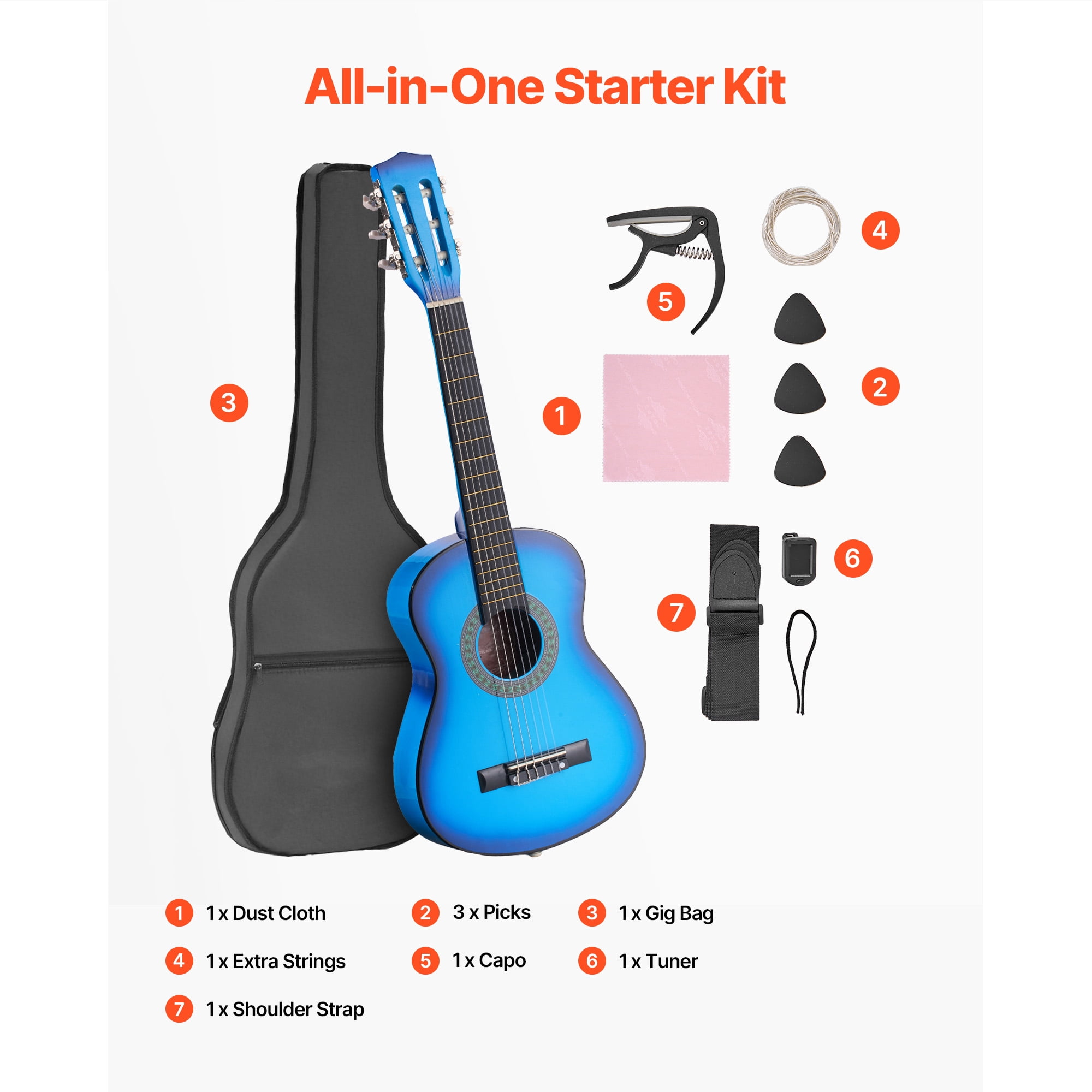 KFFKFF 30-Inch Classical Guitar Starter Kit, Wooden Acoustic Guitar for Beginners, Includes Nylon Strings, Gig Bag, Strap, Tuner, Extra Strings, Picks, and Capo, Ideal for Kids, Girls, Boys