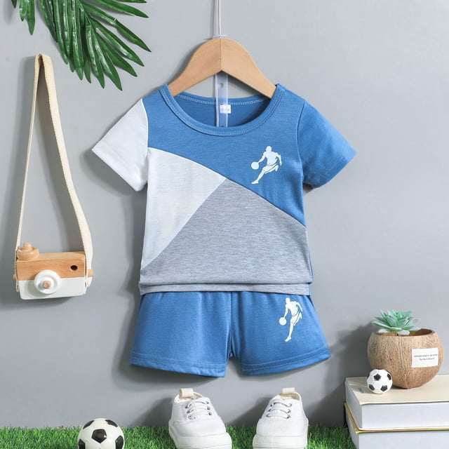 WEAIXIMIUNG Toddler Snow Suit Boy Kid Young Boy Clothes Colorlock Top + Drawstring Waist Shorts 2 Pieces Summer Outfits Set 3Y
