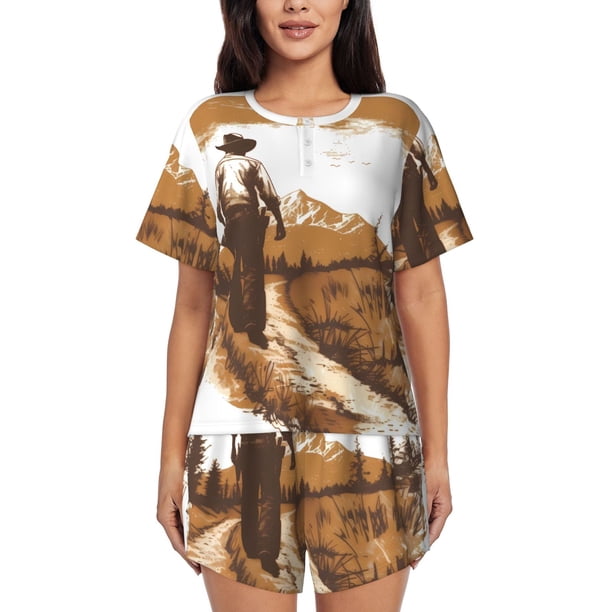 Fotbe Western Cowboy Countryside Conjunto de Pijama Estampado para Mujer, 2 Piezas, Ropa de Dormir con Camiseta de Manga Corta y Shorts Suaves-Small