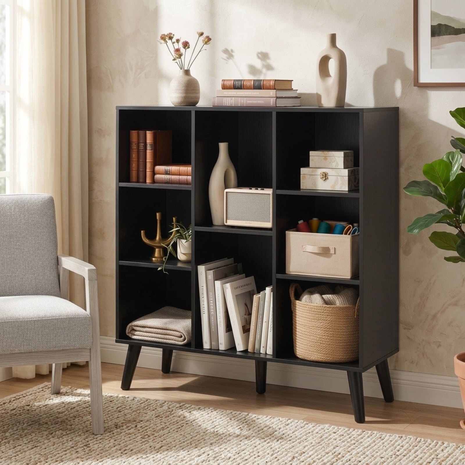 Furnibear 8-Cube Bookcase with Raised Support Legs and 2 Anti-Tipping Kits Freestanding Wood Storage for Study and Living Room, Rustic Brown