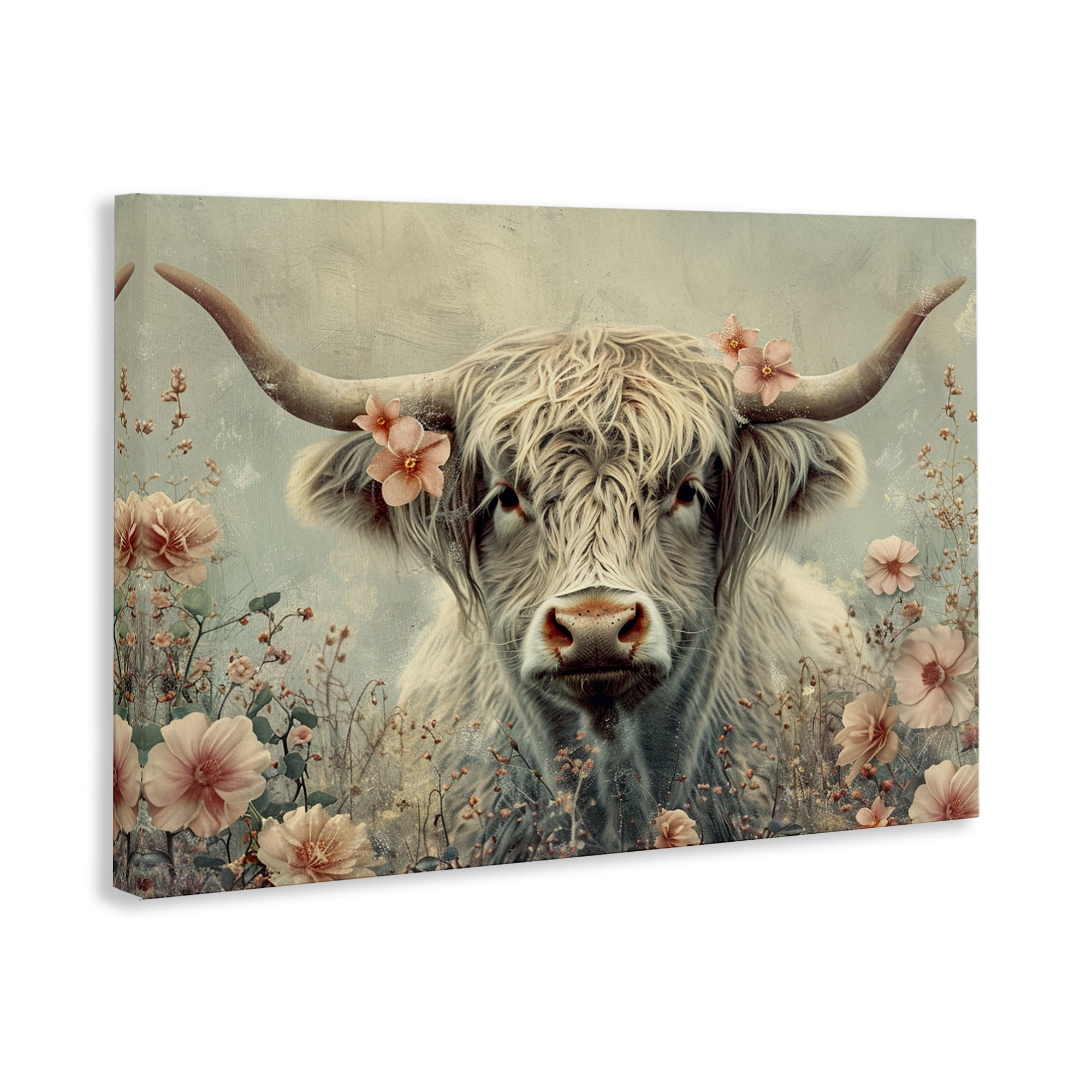 Stupell Industries Cow with Cherry Blossoms Animals Painting Wrapped Canvas Art Print Wall Art, 30 x 20