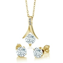 Gem Stone King 2.30 Ct Sky Aquamarine White Diamond 18K Yellow Gold Plated Silver Pendant and Earrings Jewelry Set