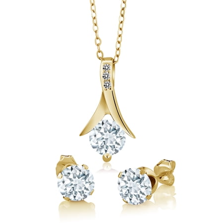 Gem Stone King 2.30Ct Sky Blue Aquamarine White Diamond 18K Rose Gold Plated Silver Pendant and Earrings Jewelry Set