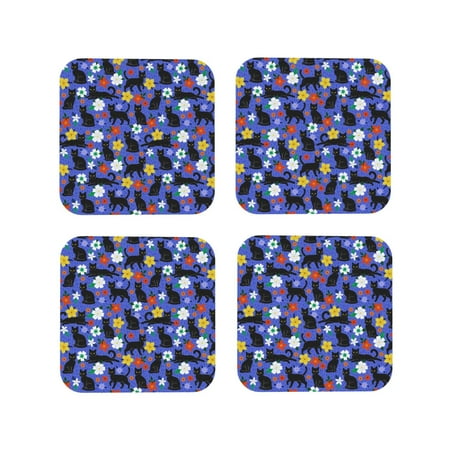 

Fuzoiu Black Cats And Flowers Print Leather Coasters Set Drink Coasters Set of 4 for Tabletop Protection Durable PVC Coasters Home Décor and Housewarming Gift-Square