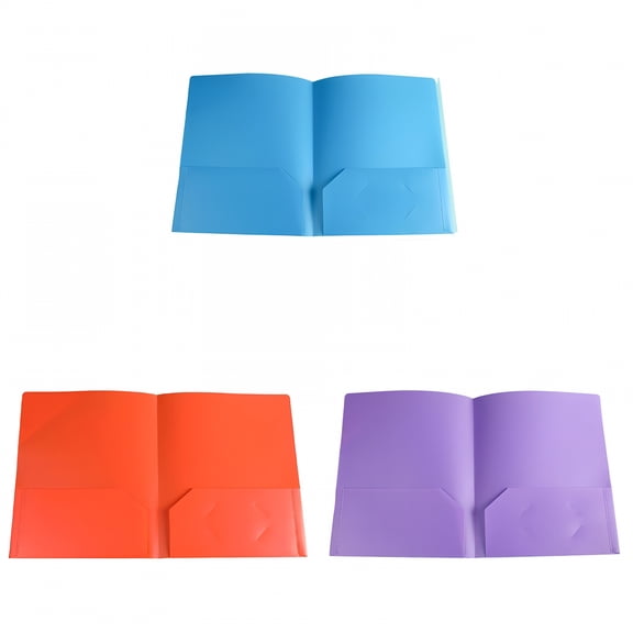 CCOCC 3 Pcs Plastic Folders with Pockets No Prongs Heavy Duty Plastic Two Pocket Folders Standard Letter Paper Folder 2 Business Card Folders Plastic Folders (Blue & Purple & Orange)