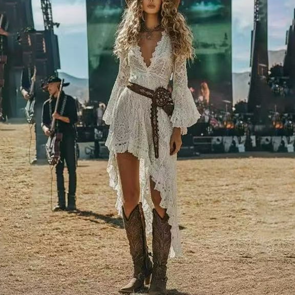 VIWORLD Women's Bohemian Lace Trim Deep V-Neck Asymmetrical Hem Long Sleeve Vintage Western Style Dress White,S