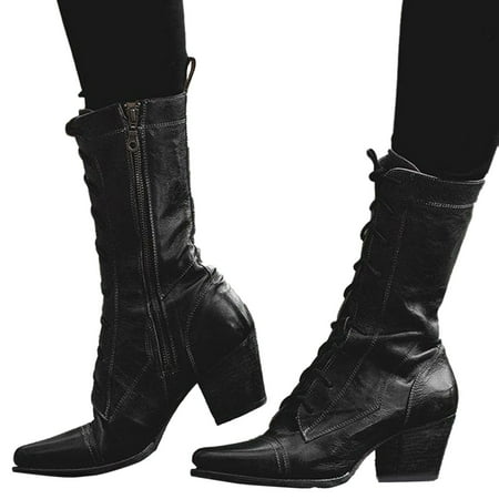 

Cowboy Boots for Women Mid Calf Cowgirl Boots Lace up Leather Combat Boots Fashionable Pointed Toe Heel High Heel Versatile Mid Calf Boots Cowgirl Cowboy Boots