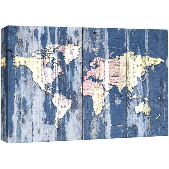 IDEA4WALL Canvas Wall Art Pink and Yellow World Atlas Map on Navy Blue Wood Panel Places Country Mixed Media Realism Global Urban for Living Room, Bedroom, Office - 32"x48"