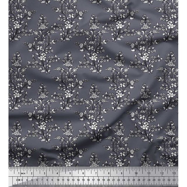 Soimoi Silk Fabric Leaves & Floral Block Print Sewing Fabric Yard 42 Inch Wide