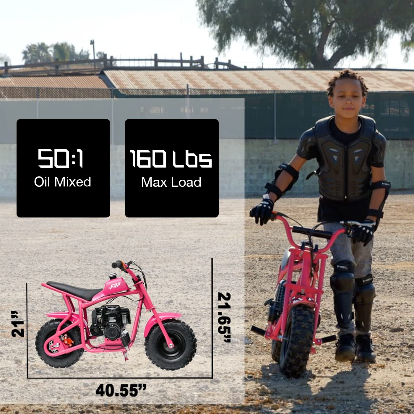 50cc 2-Stroke Kids Dirt Bike, Gas Powered with Pull Start, No Oil Mixing (Oil-Injection), Rear Disc Brake, Up to 20 MPH, 165 lb Capacity, for Teens 13+