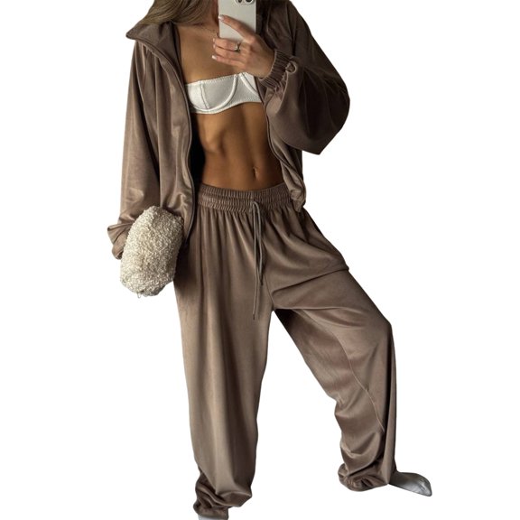 Katigan Womens Casual Two Piece Set Solid Color Long Sleeve Zip Up Hoodie Sweatpants Tracksuit Set Khaki S