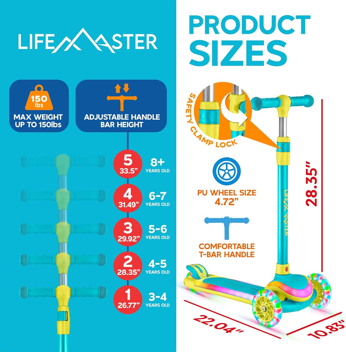 Lifemaster 3-Wheel Kids Scooter with Multi-Color Lights on Deck & Wheels – 5-Height Handlebar, Wide Anti-Slip Deck, Child Safety Certified, Boys & Girls Ages 3+ Supports Up to 150 lbs, Aqua Yellow