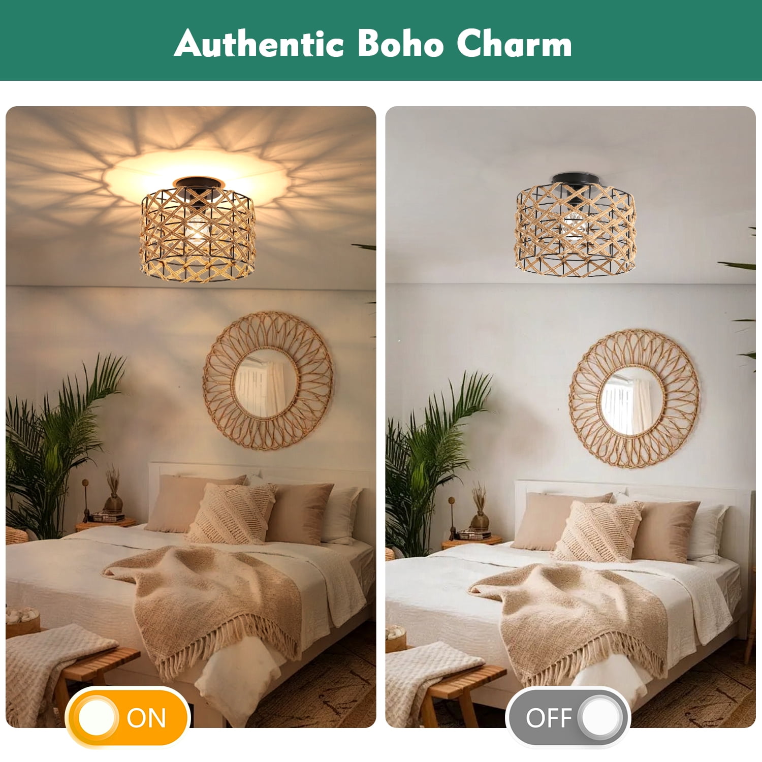 JOPESO Rattan Ceiling Light Fixtures, Bohemian Hand-Woven Flush Mount Ceiling Light for Farmhouse Kitchen Bedroom Living Room Dining Room