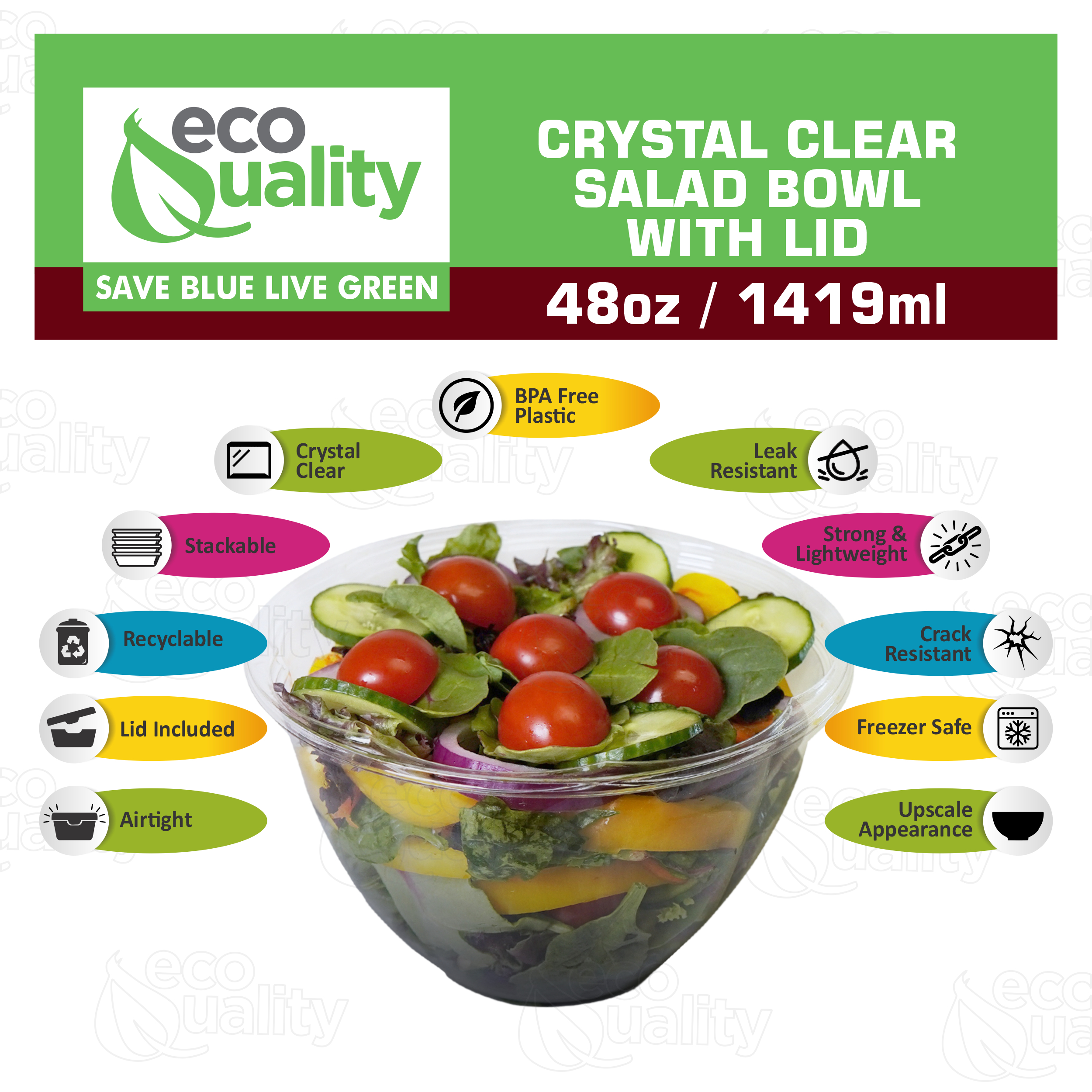 [50 PACK] 48oz Clear Disposable Salad Bowls with Lids - Clear Plastic Disposable Salad Containers for Lunch To-Go, Salads, Fruits, Airtight, Leak Proof, Fresh, Meal Prep | Rose Bowl Container (48 OZ) - image 2 of 7
