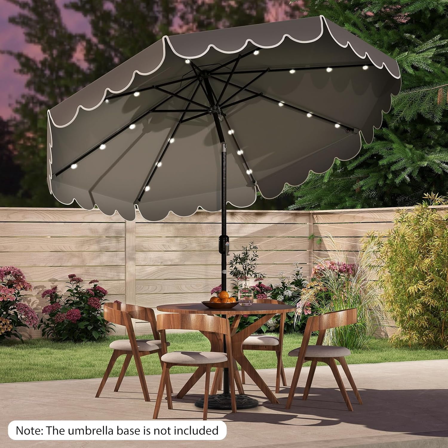 ZYPPP 10FT Solar LED Patio Umbrella, 2-Tiers Scalloped Outdoor Table Market Umbrella with 24 LED Lights, Vented Top, Tilt Adjustment, Crank, 8 Ribs for Backyard Poolside Deck Beach Lawn (Gray)