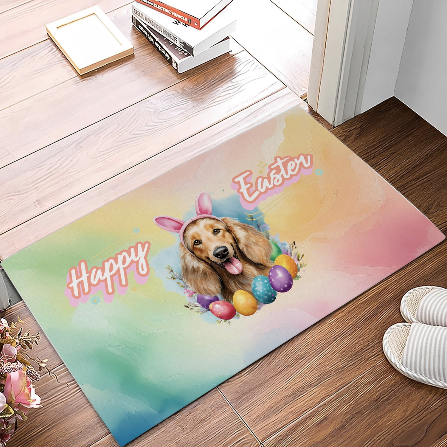 Happy Easter Afghan Hound with Bunny Ear Headband and Flowers Doormat Dog Lover Indoor Outdoor Welcome Mat - 13001