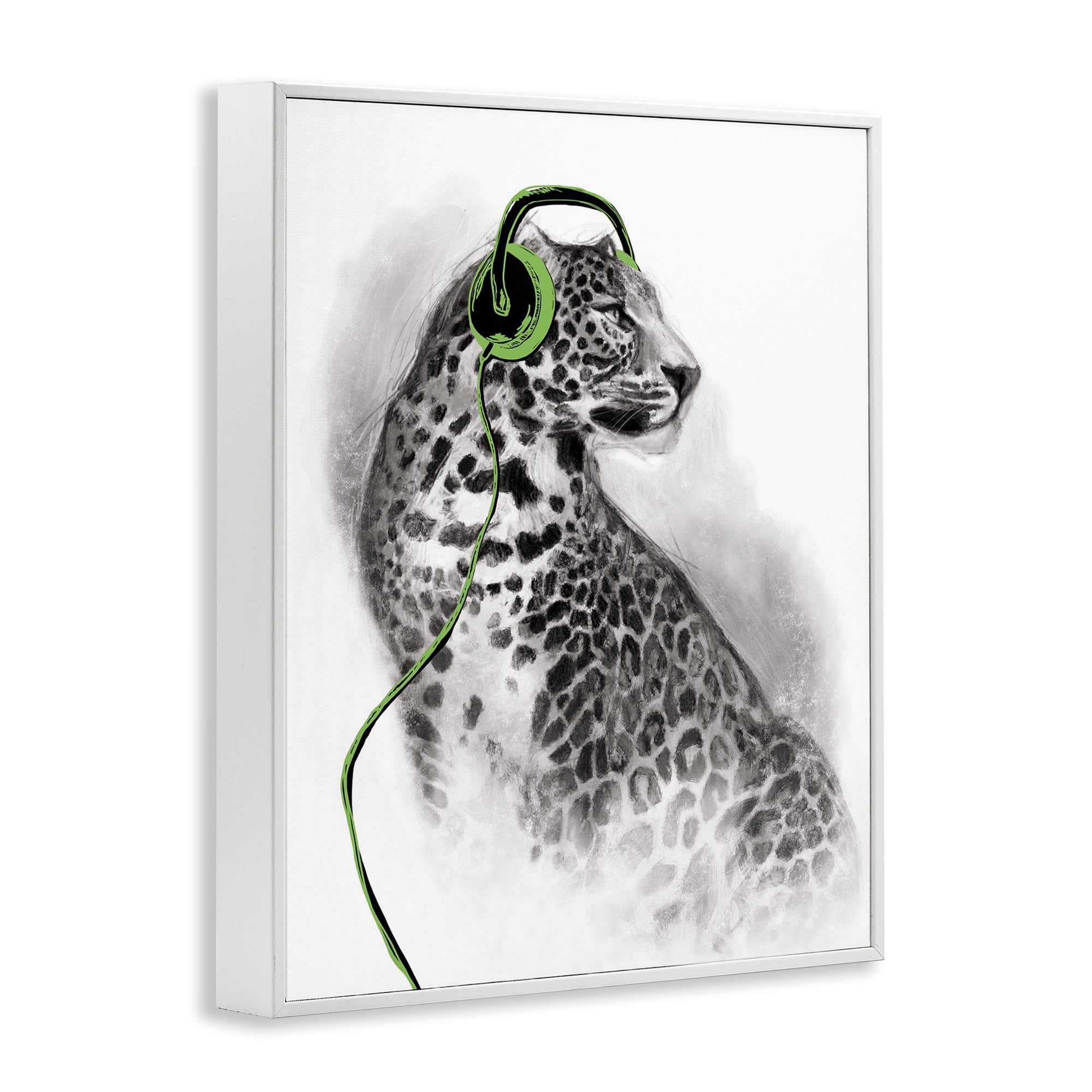 Stupell Industries Cheetah with Headphones Animals & Insects Painting White Framed Art Print Wall Art, 11 x 14