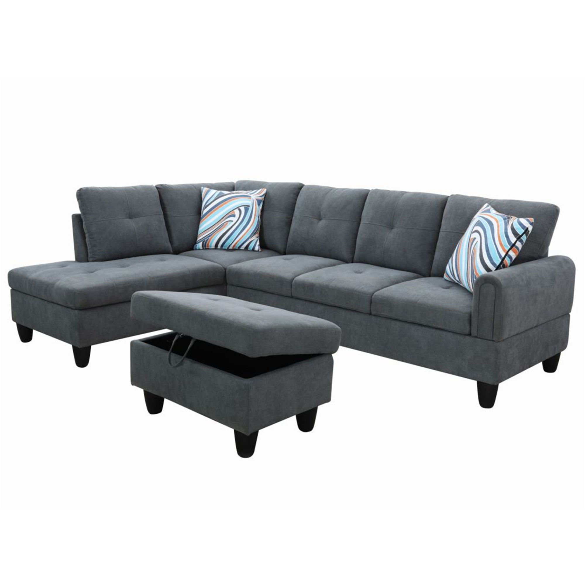 Aukfa Sectional Sofa, Living Room Couch with Storage Ottoman, Left Facing Chaise, Flannel, Dark Gray