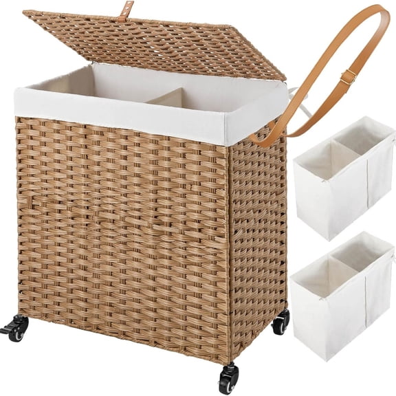Laundry Hamper with Wheels, No Install Needed, 110L Divided Handwoven Hampers & 2 Removable Liner Bags, Synthetic Rattan Clothes Laundry Basket with Lid & Handles, Foldable Hampers Natural