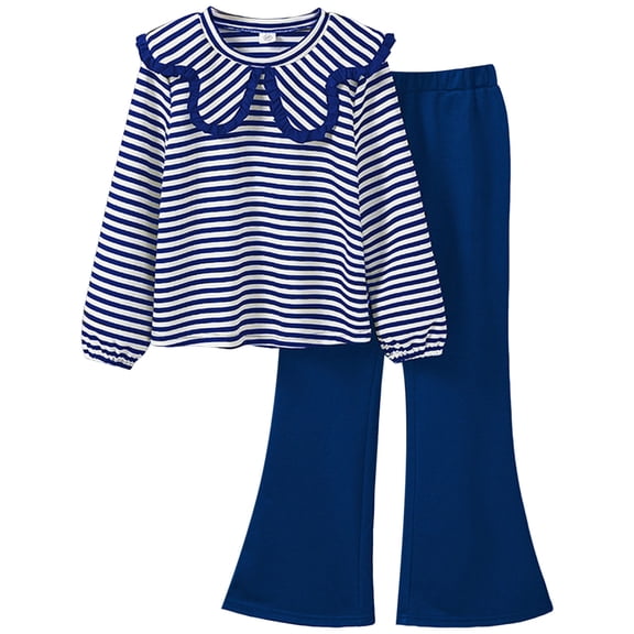 Zanarzt Clothing Sets for Teens Cute Girls Clothes Spring Long Sleeve Stripe Sweatshirt Flared Pants 2PCS Set Little Girl Outfits Blue,8-9 Years