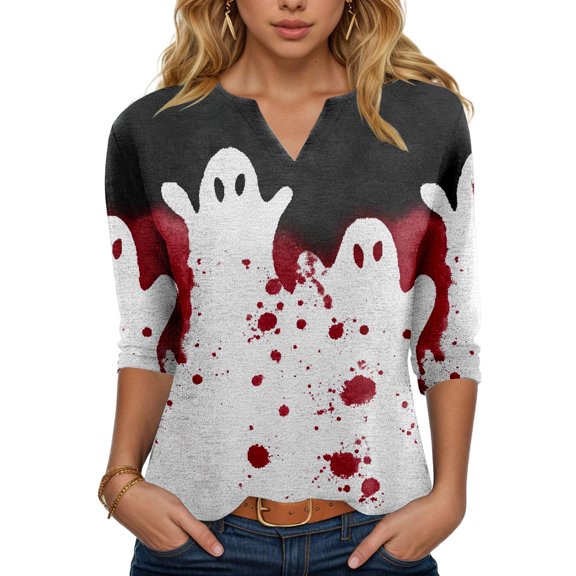 YDFCWXW Women's V-Neck Halloween Print T-Shirt - 3/4 Sleeve Casual Gothic Tee for Spooky Season Red, L