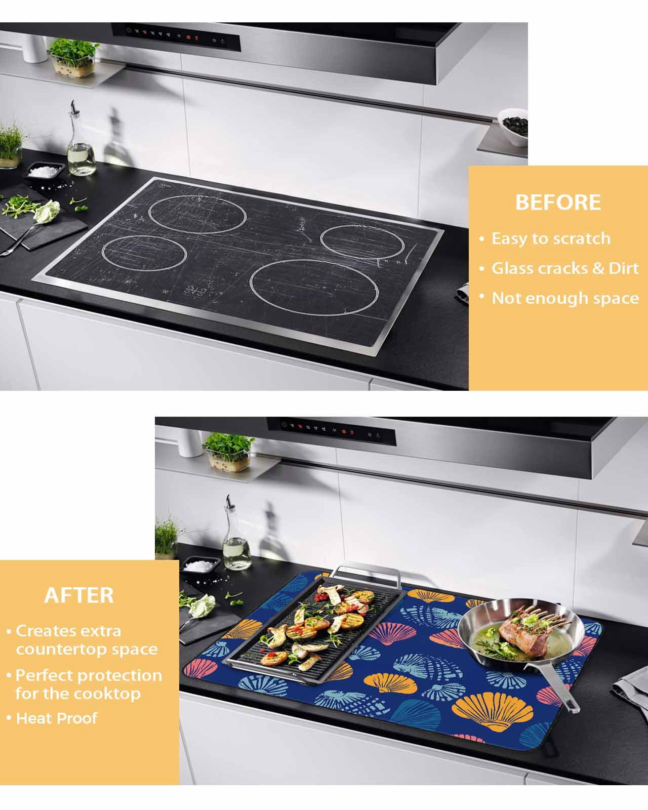 nqOlkjepod Large Induction Cooktop Protector Mat 36"x21", Colorful Shell Stove Top Covers for Electric Stove, Navy Blue Summer Beach Coastal Decorative Stove Burner Cover Mats, Glass Top Stove Cover