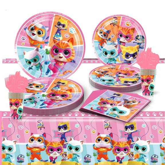 81 Pcs SuperKitties Party Tableware Set, Birthday Party Supplies, Table Cover,Paper Plates, Napkins, Cups, Knives, Spoons and Forks