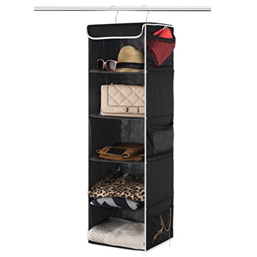 6 Side Mesh Pockets Breathable Black 5-Shelf Hanging Closet Organizer 