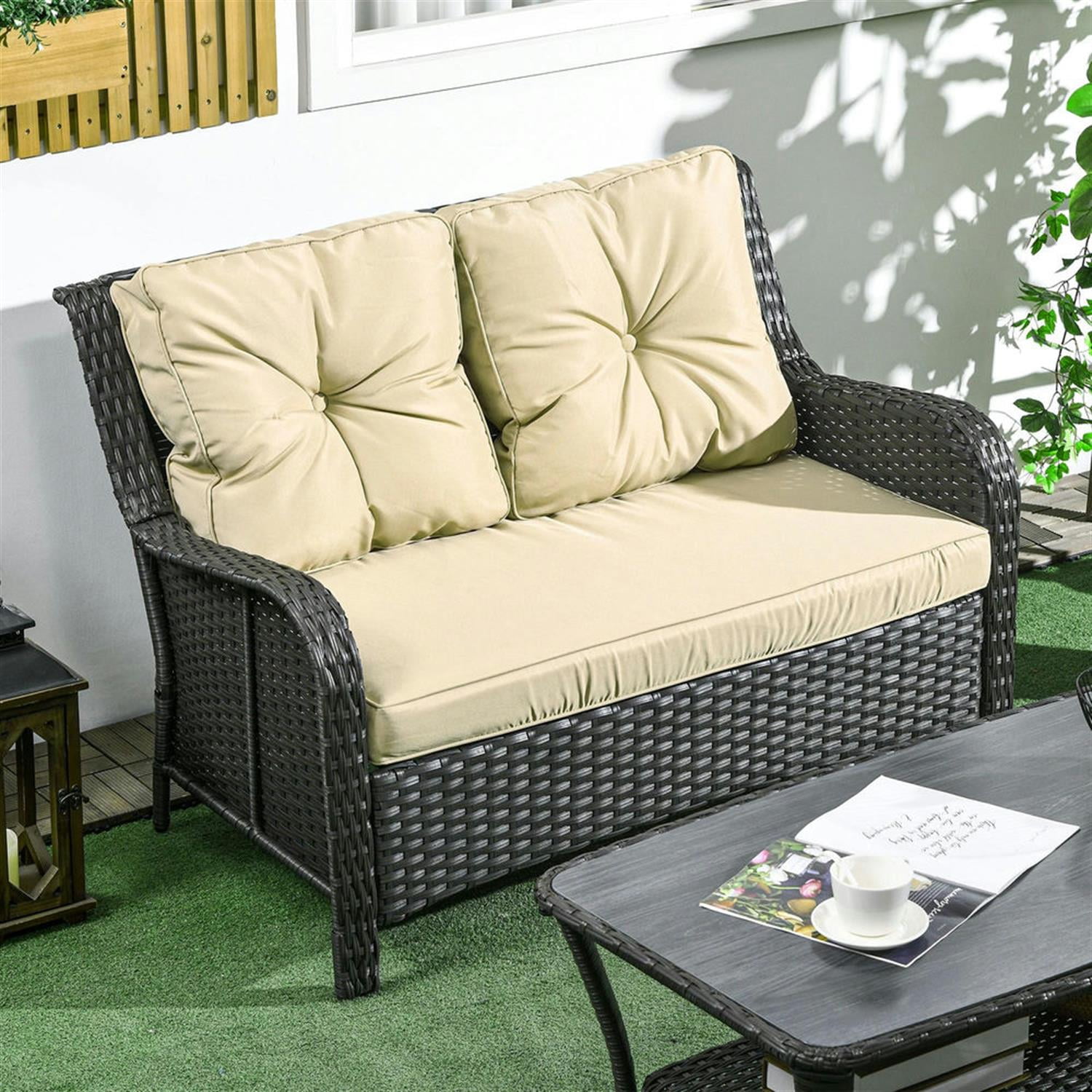 Demi Bonn 2-Person Outdoor Sofa with 4" Thick Cushions, Wicker Patio Couch with Comfortable Seating, Weatherproof Design, Beige