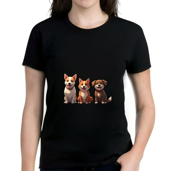 Cute Cartoon Dog Graphic Tee for Women - Short Sleeve Cotton T-Shirt with Happy Dogs Design - Perfect for Dog Lovers