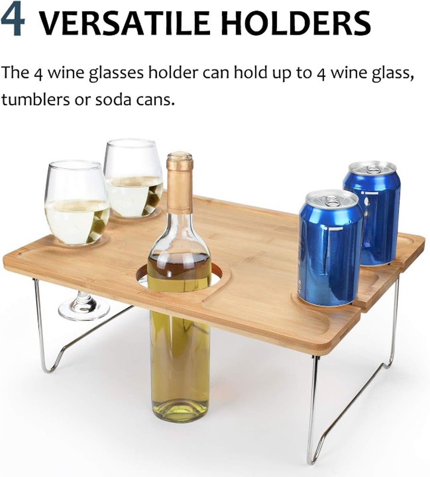 Bpc Large Folding Bamboo Picnic Table with 4 Wine Glasses Holder, Oak