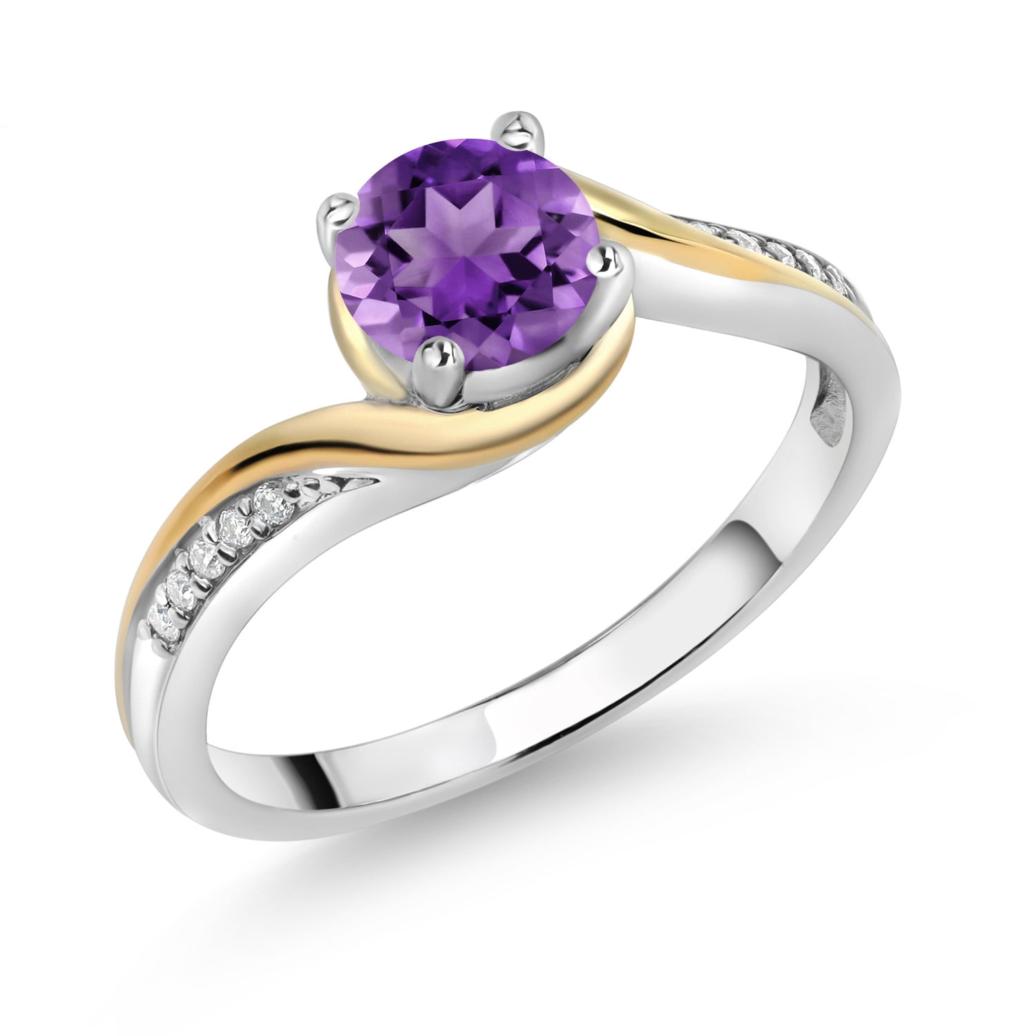 Gem Stone King 925 Silver and 10K Yellow Gold Ring Round Purple Amethyst and Moissanite (1.05 Cttw, Size 8)