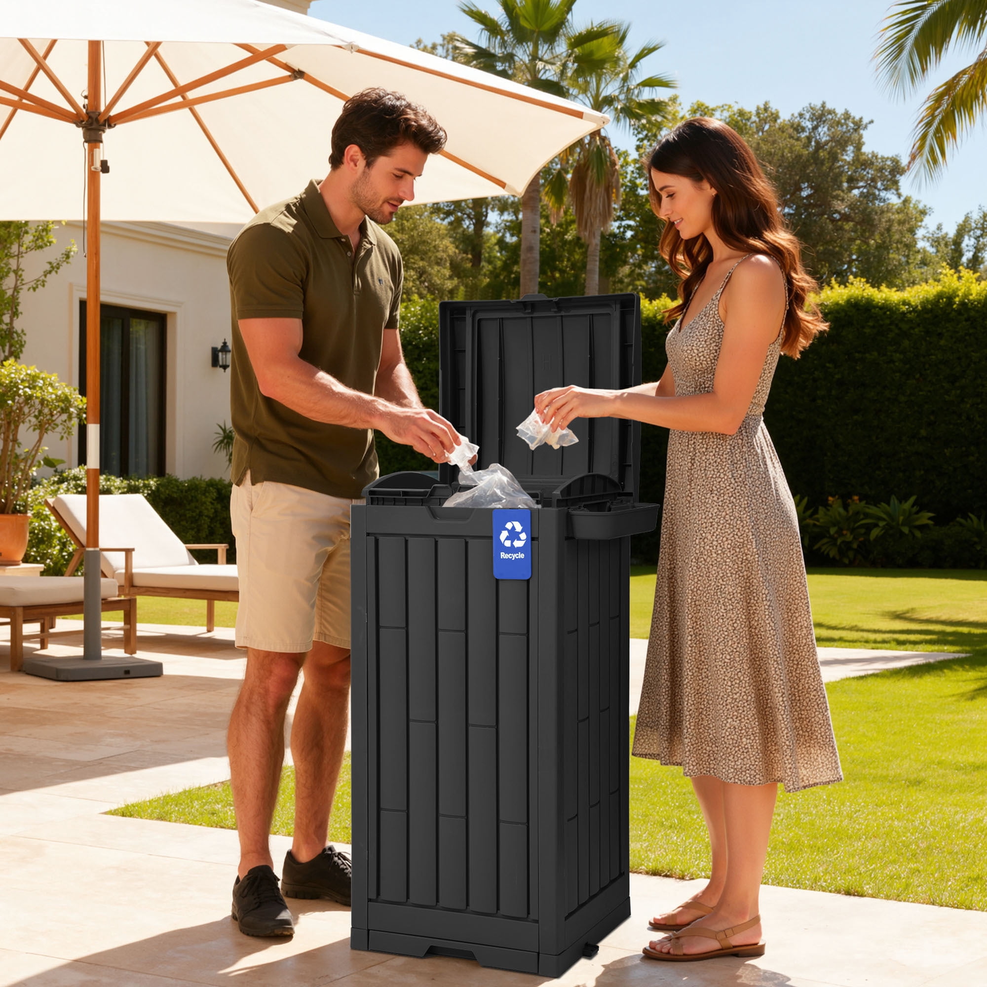 Uforic 38 Gallon Outdoor Trash Can Set of 2, Resin Garbage Bins with Lid, Sorting Labels, Ash Holder, Stakes & Suction Cups for Patio Backyard Garden, Black