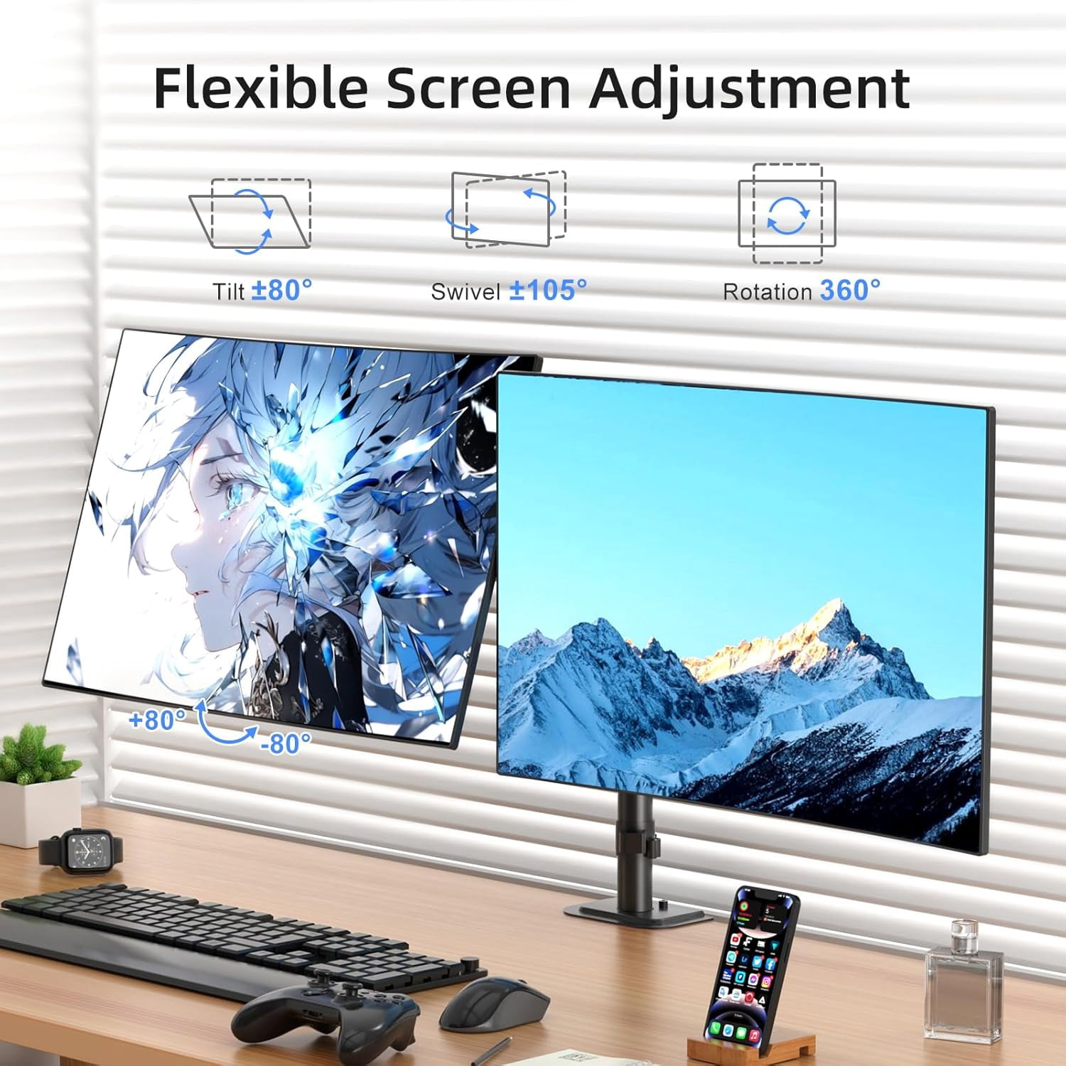 Dual Monitor Desk Mount Adjustable Arm for 2 Screens  to 43 inch 15.75 Pole Stand Holds 22 lbs Black MD9442LB