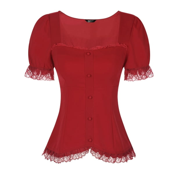 Camisa victoriana Allegra K con cuello en forma de corazón y manga corta cordones blusa gótica borgoña XL