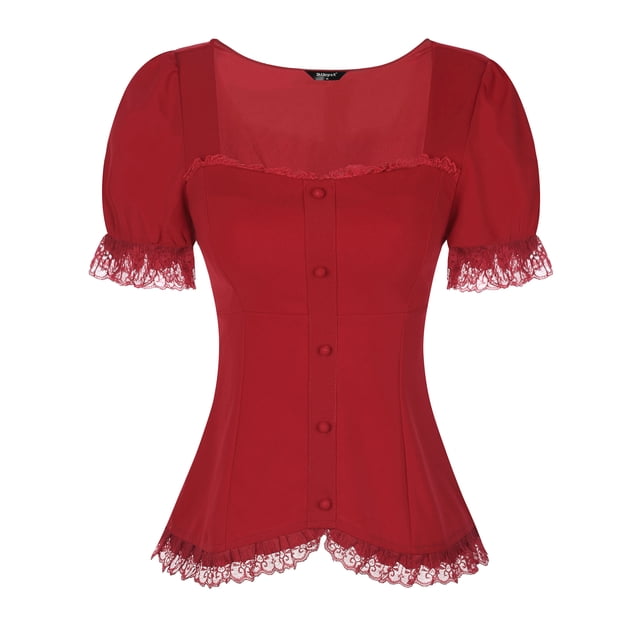 Camisa victoriana Allegra K blusa gótica borgoña con cuello en forma de corazón y manga corta S