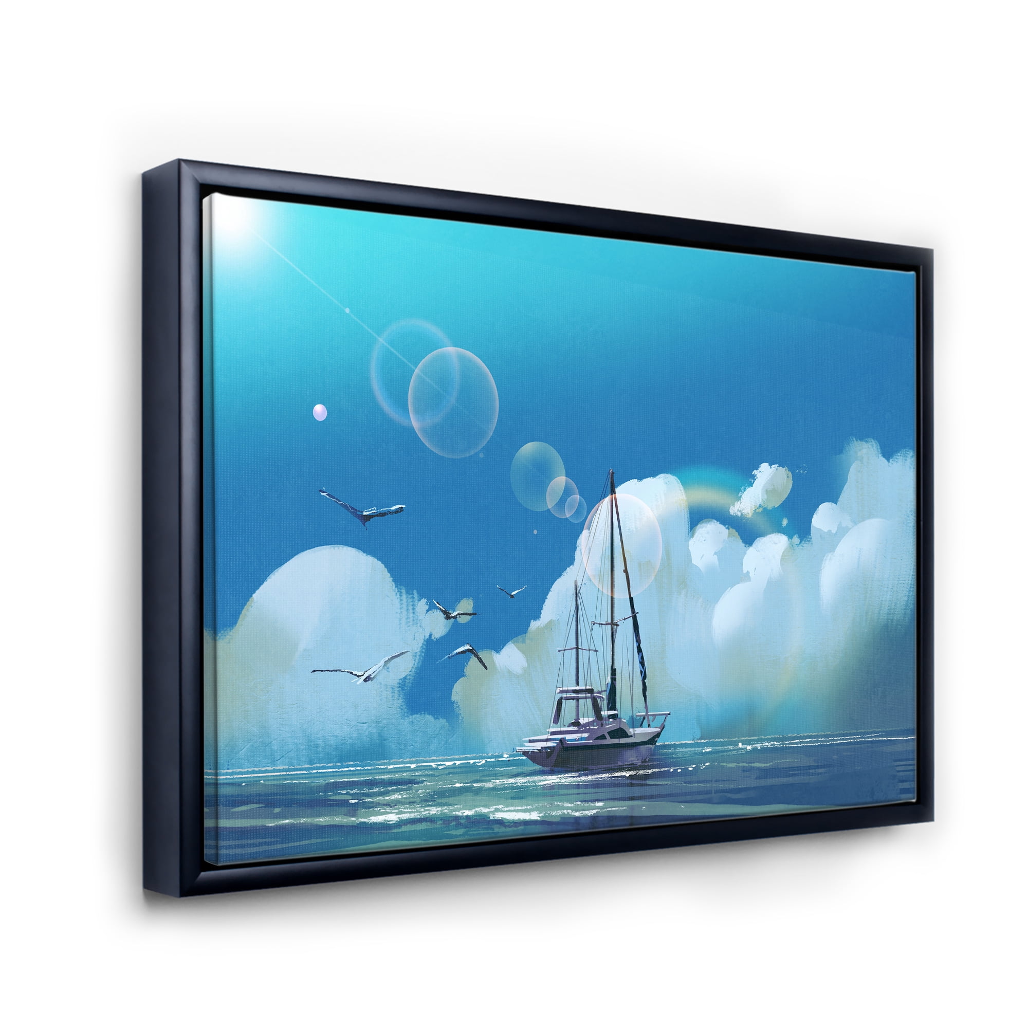 The Sailboat On The Blue Sea Against Summer Clouds Sky 32 in x 24 in Framed Painting Canvas Art Print, by Designart