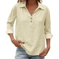 thumbnail image 2 of ManxiVoo V Neck Button Down Blouse for Women 3/4 Sleeve Cotton Linen Shirt Breezy Summer Tops Relaxed Fit Casual Office Wear L Size Beige, 2 of 9